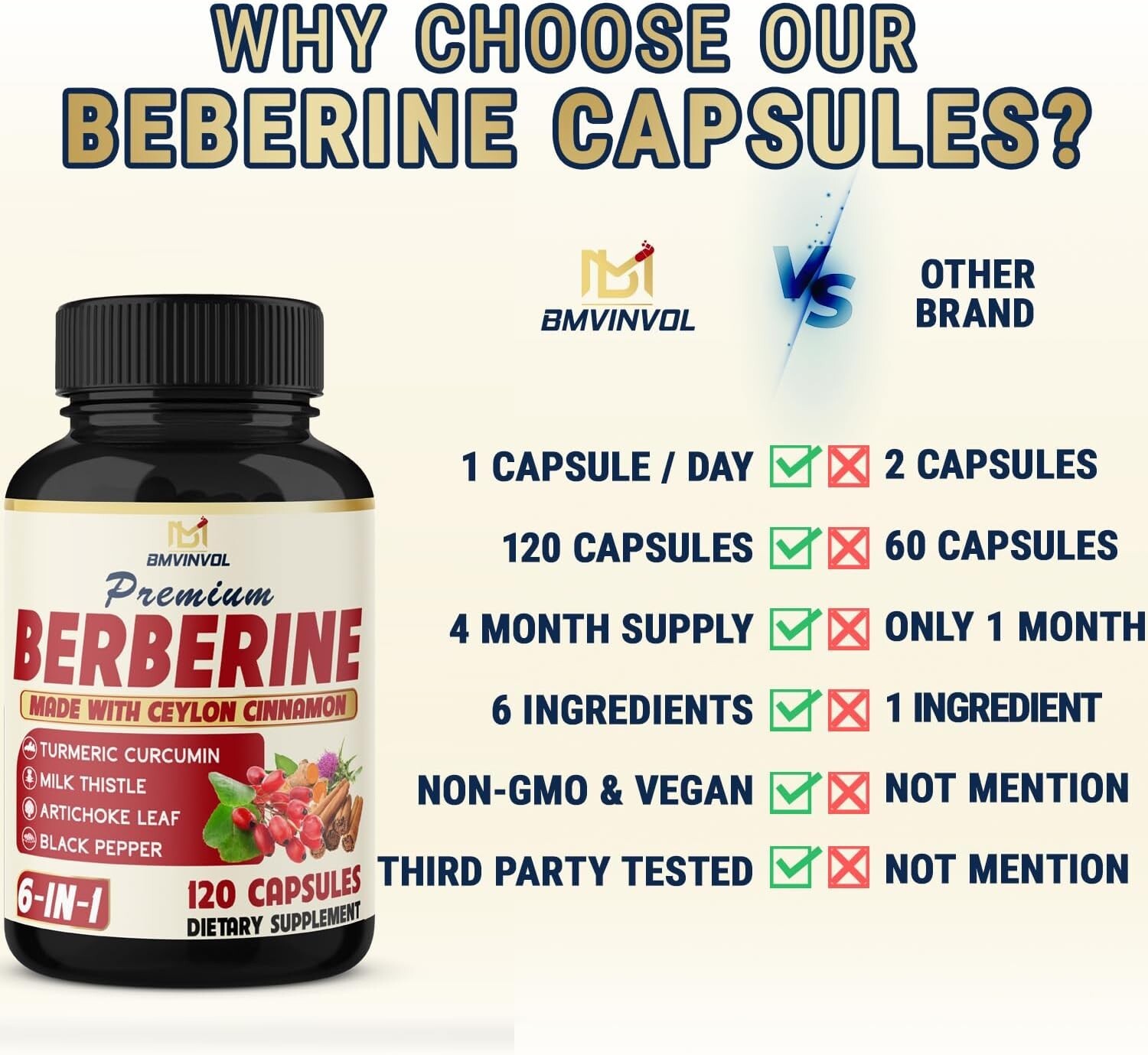 Berberine with Ceylon Cinnamon Tumeric Root, Milk Thistle, 6in1 (120 Capsules)