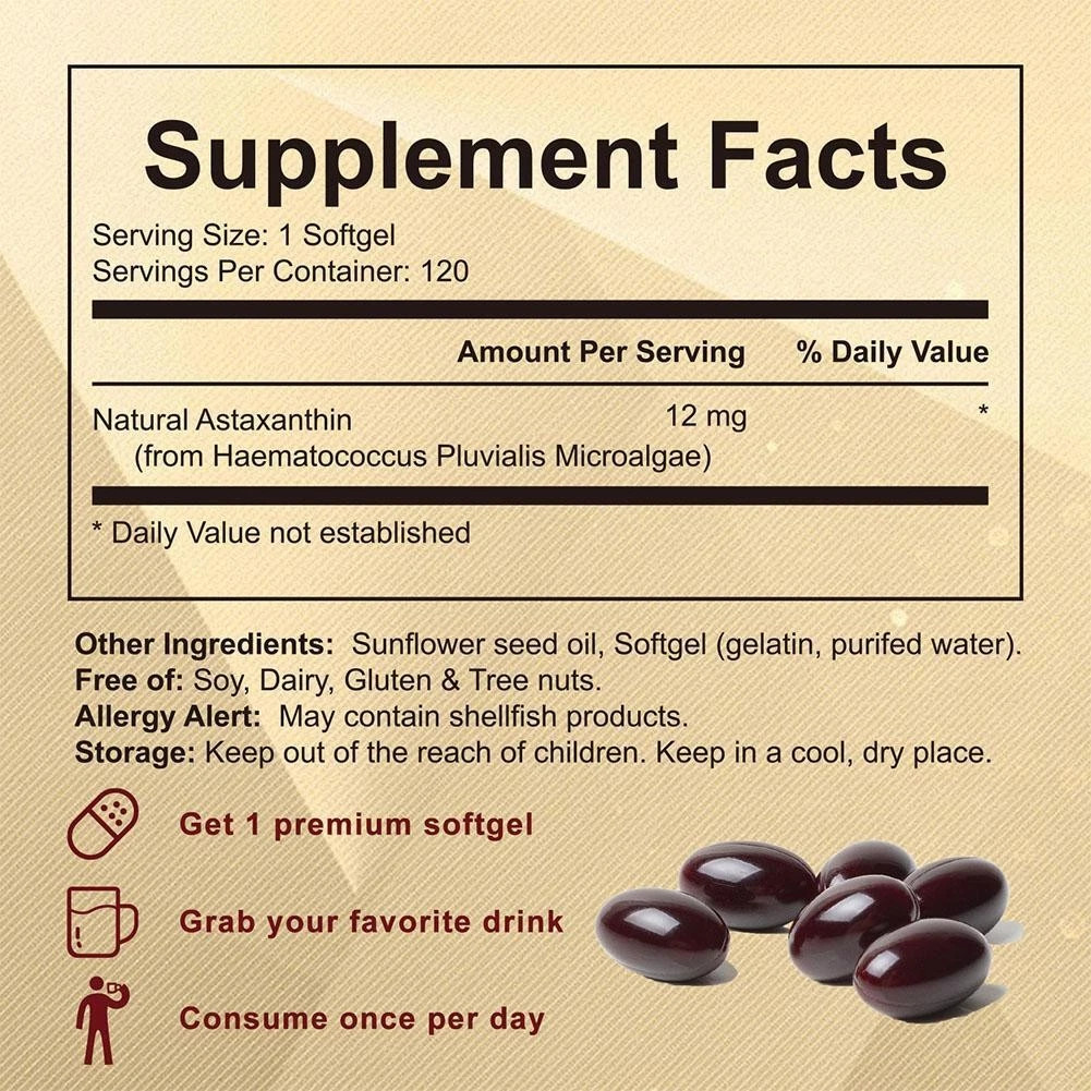 Astaxanthin 12mg Antioxidant Supplements Fresh Microalgae Eye Joint Skin Health