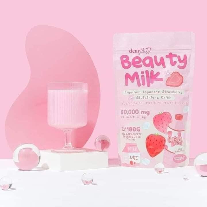 Dear Face Beauty Milk Japanese STRAWBERRY Gluta Drink, 10 Sachets X 18g US