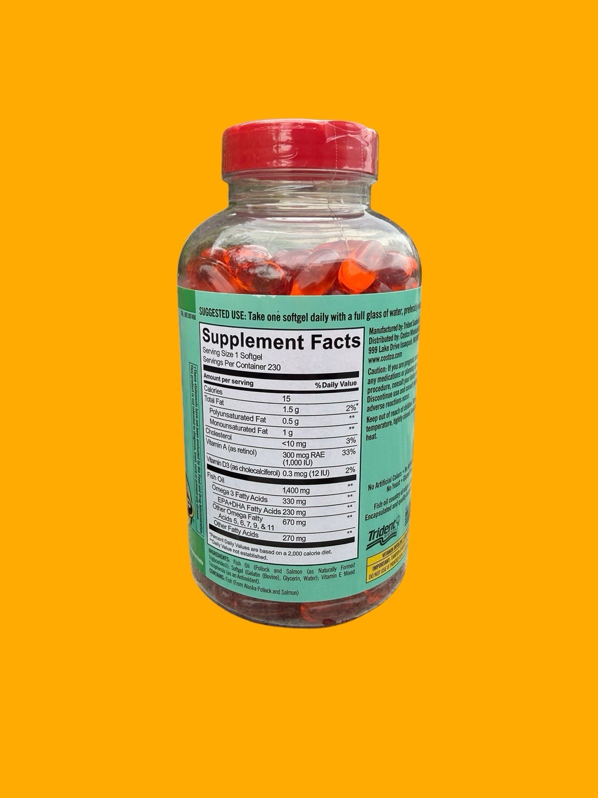Kirkland Signature Wild Alaskan Fish Oil 1400mg 230 Softgels Gluten Free