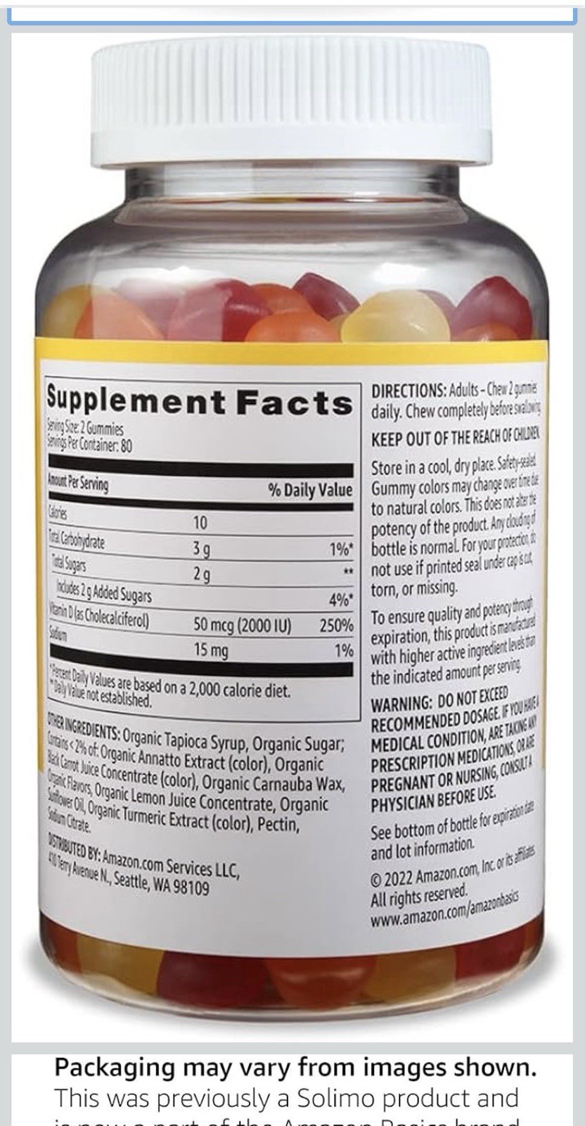 Amazon Basics Vitamin D3 Gummies 50mcg (2000 IU) 160ct Gluten-Free Veg