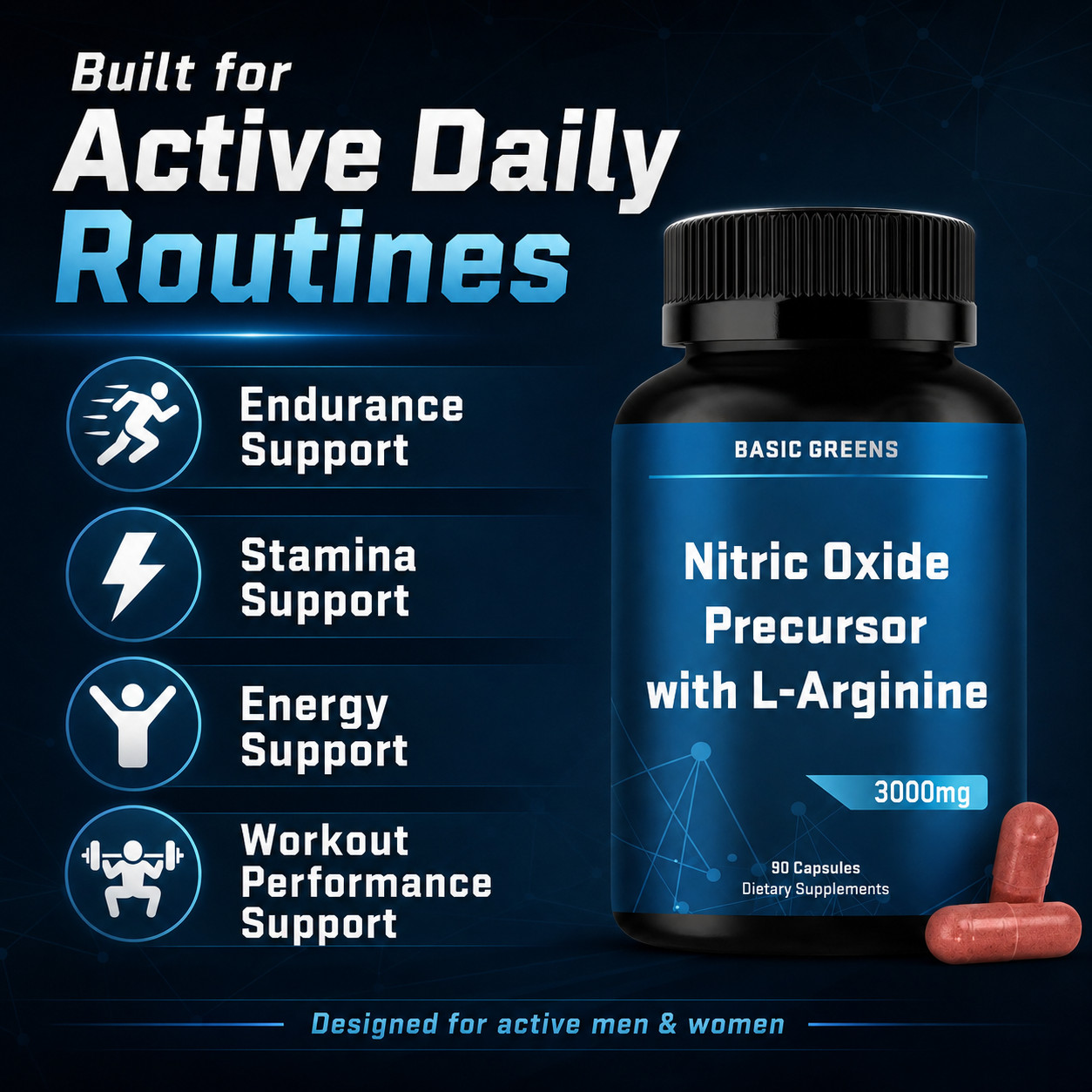 BASIC GREENS L-Arginine 3000mg Nitric Oxide Supplement Beet Root Vegan 90 Caps