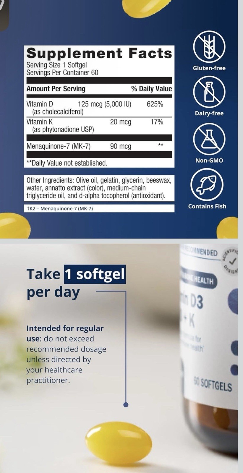 Metagenics Vitamin D3 5000 IU + K 60 Softgels Non-GMO Gluten-Free Dairy-Free