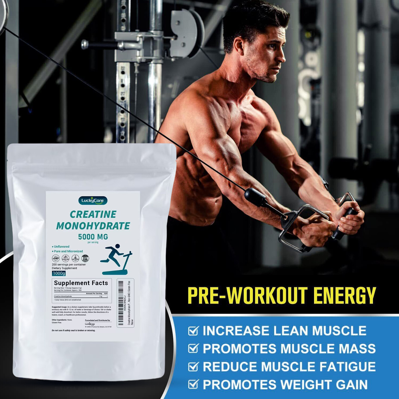 Creatine Monohydrate Powder 1000g NON-GMO 100% Pure Creatine Powder 200 Servings