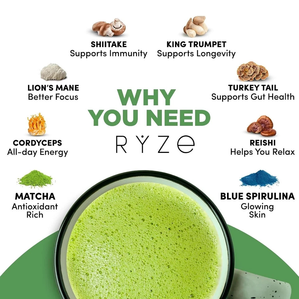 Ryze Organic Mushroom Matcha – 3-Pack, 30 Servings Each