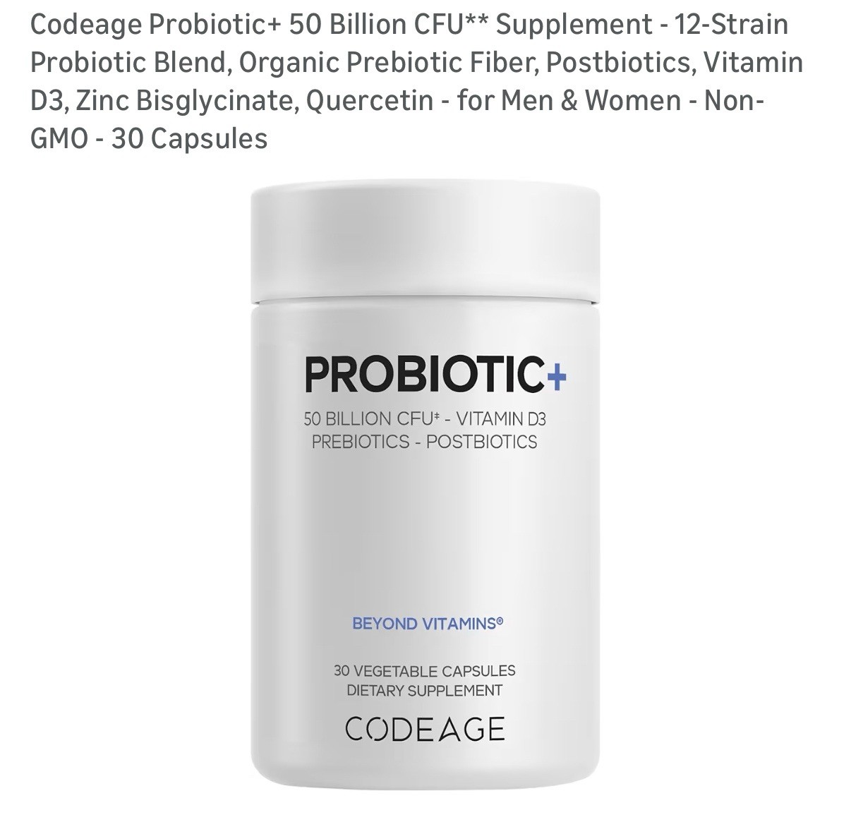 Codeage Probiotic+ 50 Billion CFU 12Strain D3, Zinc Bisglycinate, Quercetin 30ct