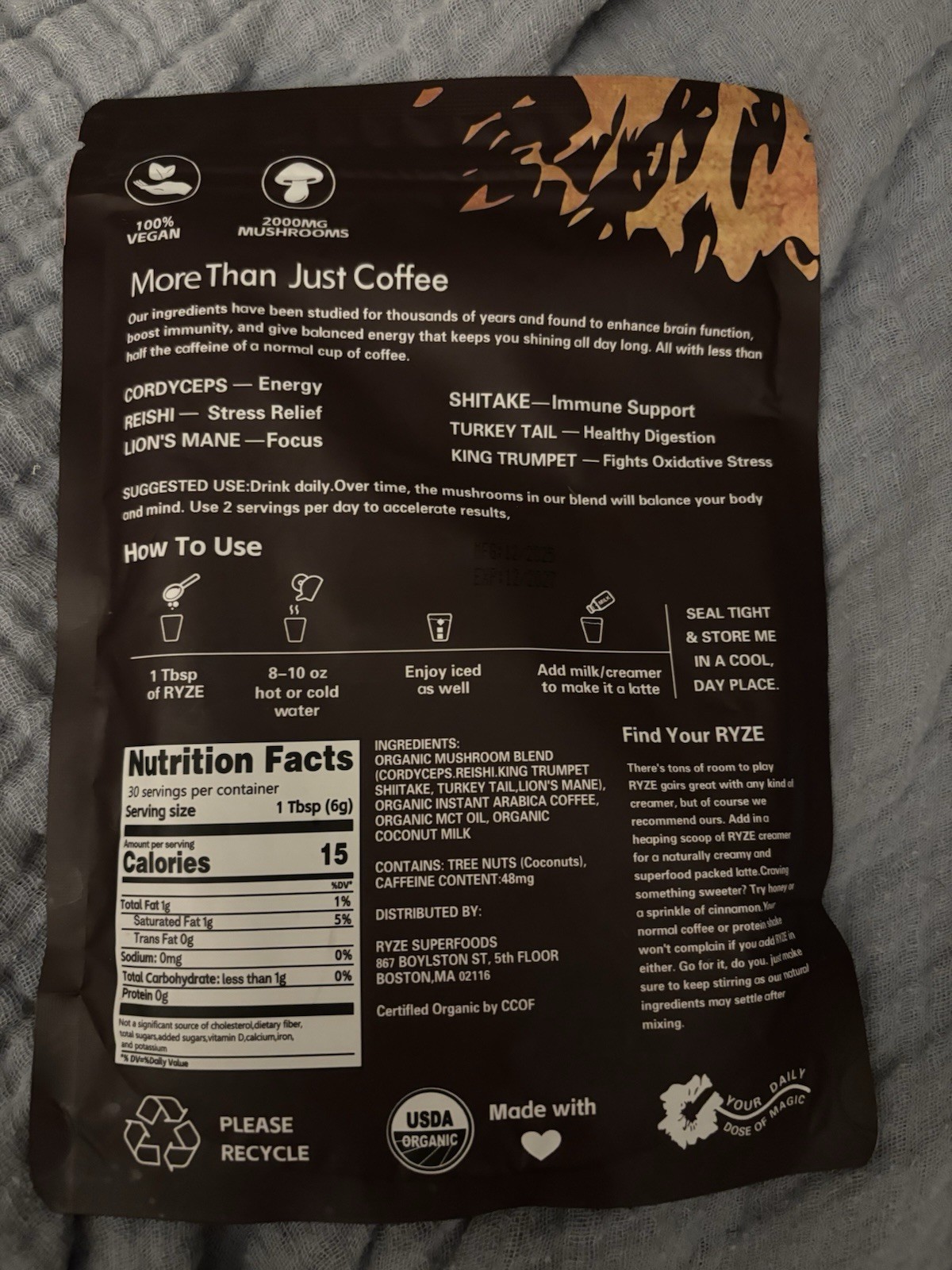 RYZE Mushroom Coffee Organic Superfood Blend 6.35 oz Bags Lot of 3 exp: 12/2027
