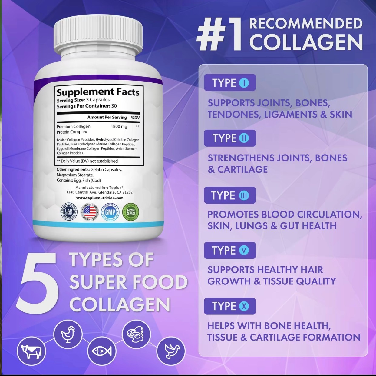 Toplux Collagen Peptides 5 Types of CollagenComplex 1800mg