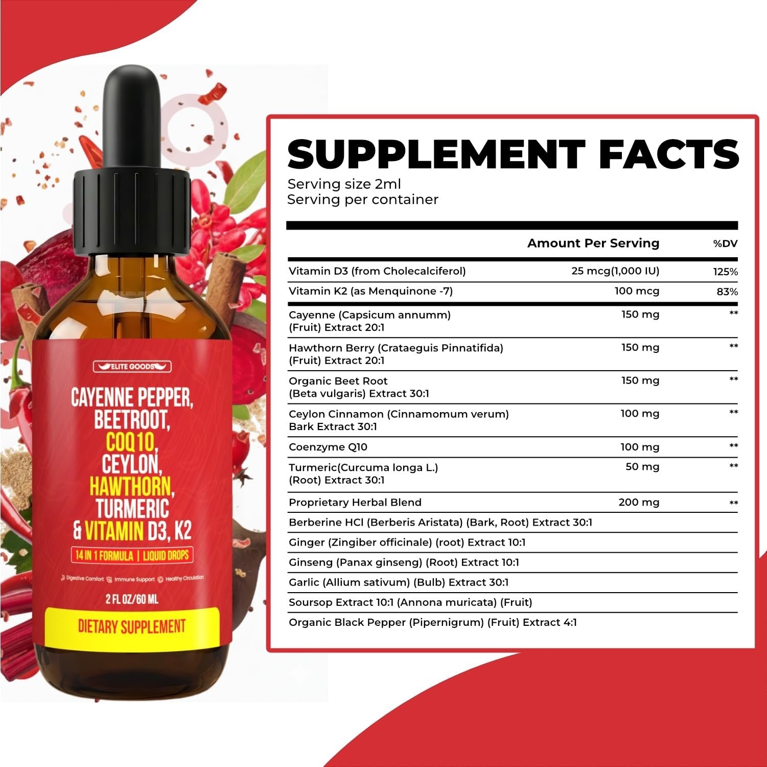 Cayenne Pepper Drops – Organic Supplement with CoQ10, Vitamins D3 & K2