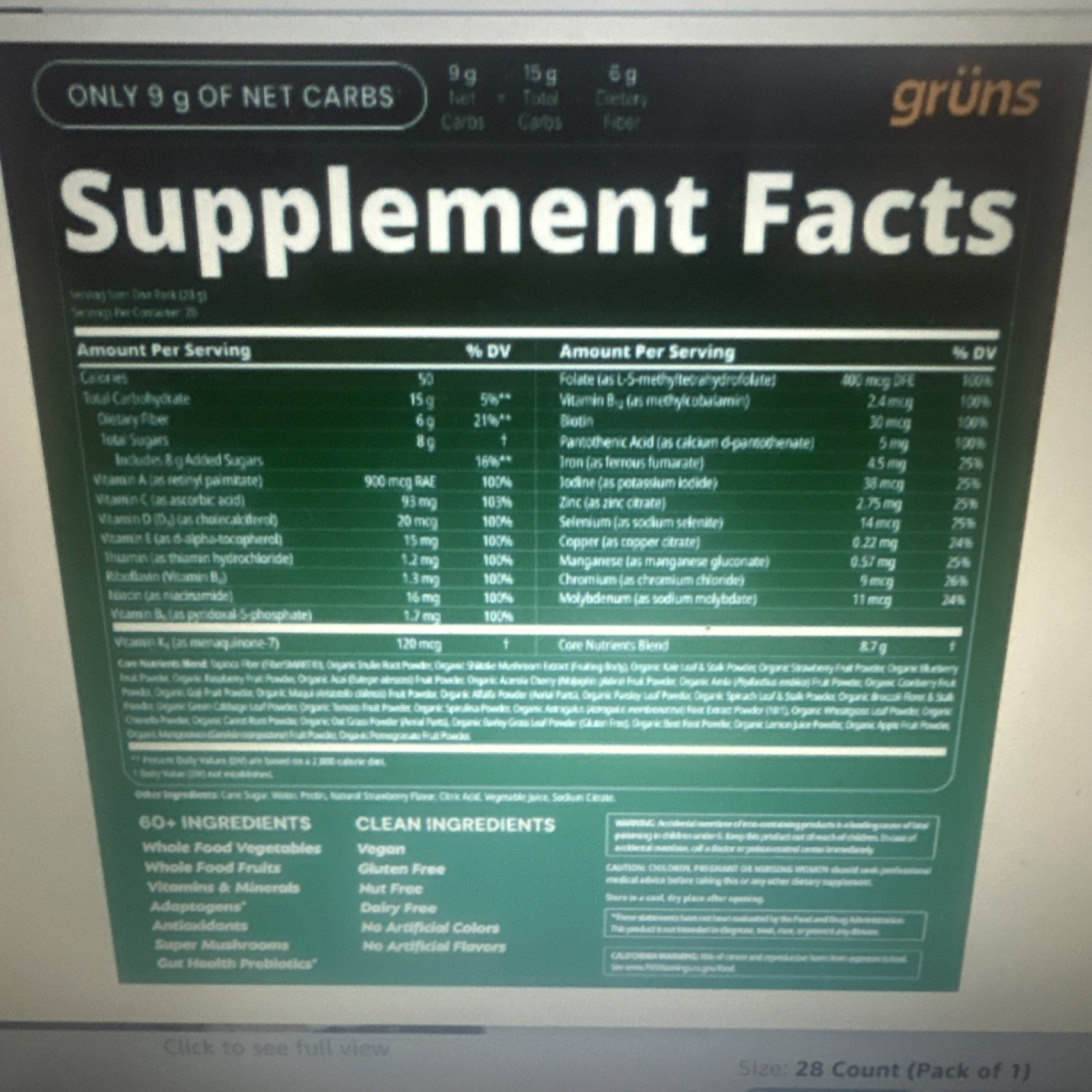 grüns Superfoods Greens Gummies Vegan Gluten-Free 28 Pack Energy Immunity…