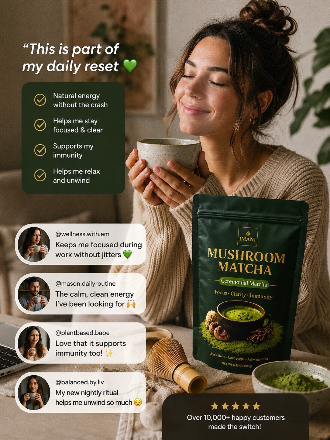 IMANI Mushroom Ceremonial Matcha Focus, Clarity & Calm Energy Superfood Blend