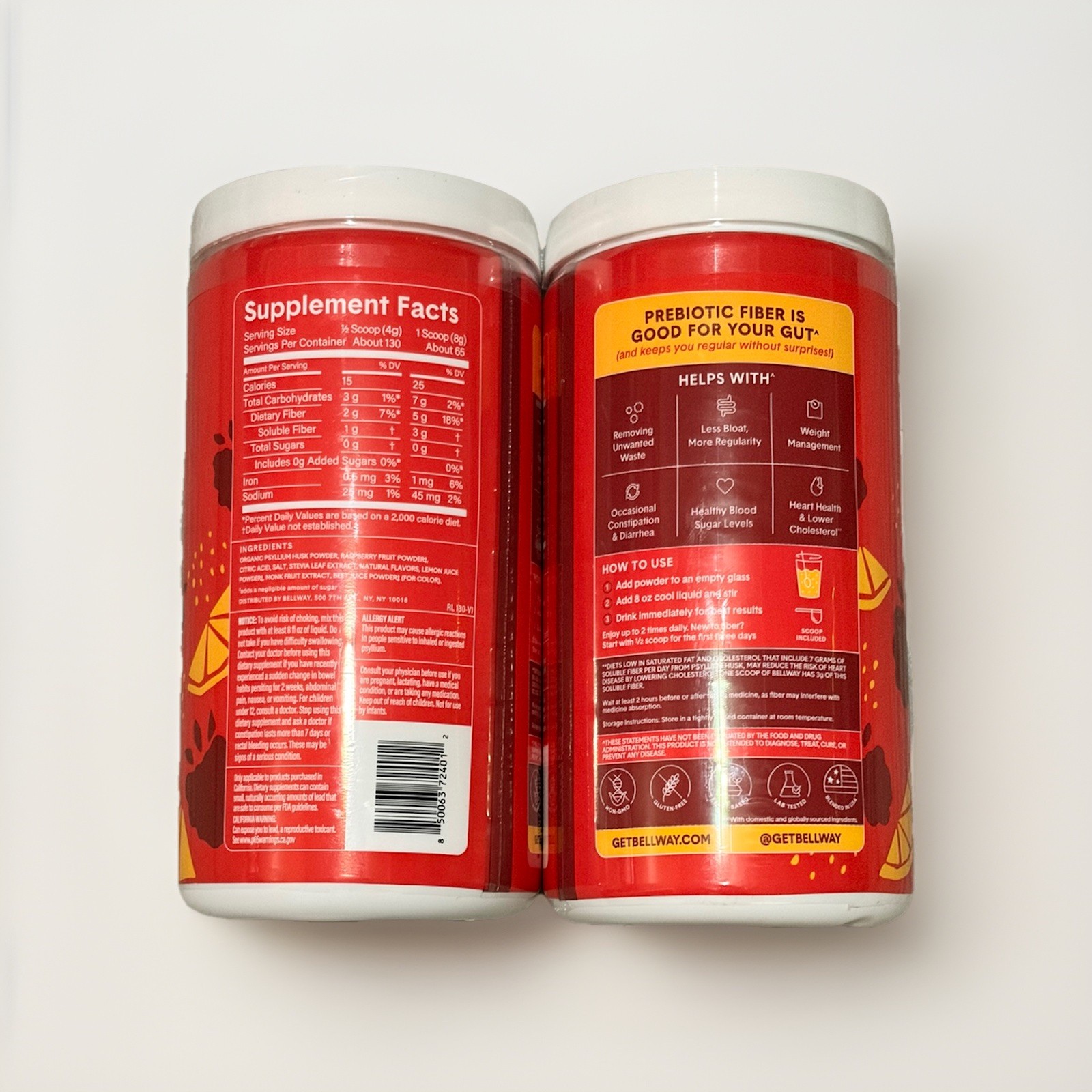 Bellway Super Fiber + Fruit Psyllium Husk Raspberry Lemon 36oz – 2x18oz