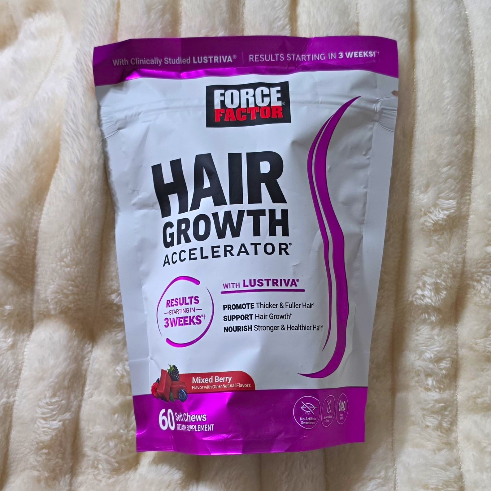 Force Factor Hair Growth Accelerator Lustriva Mixed Berry 60 Chewables