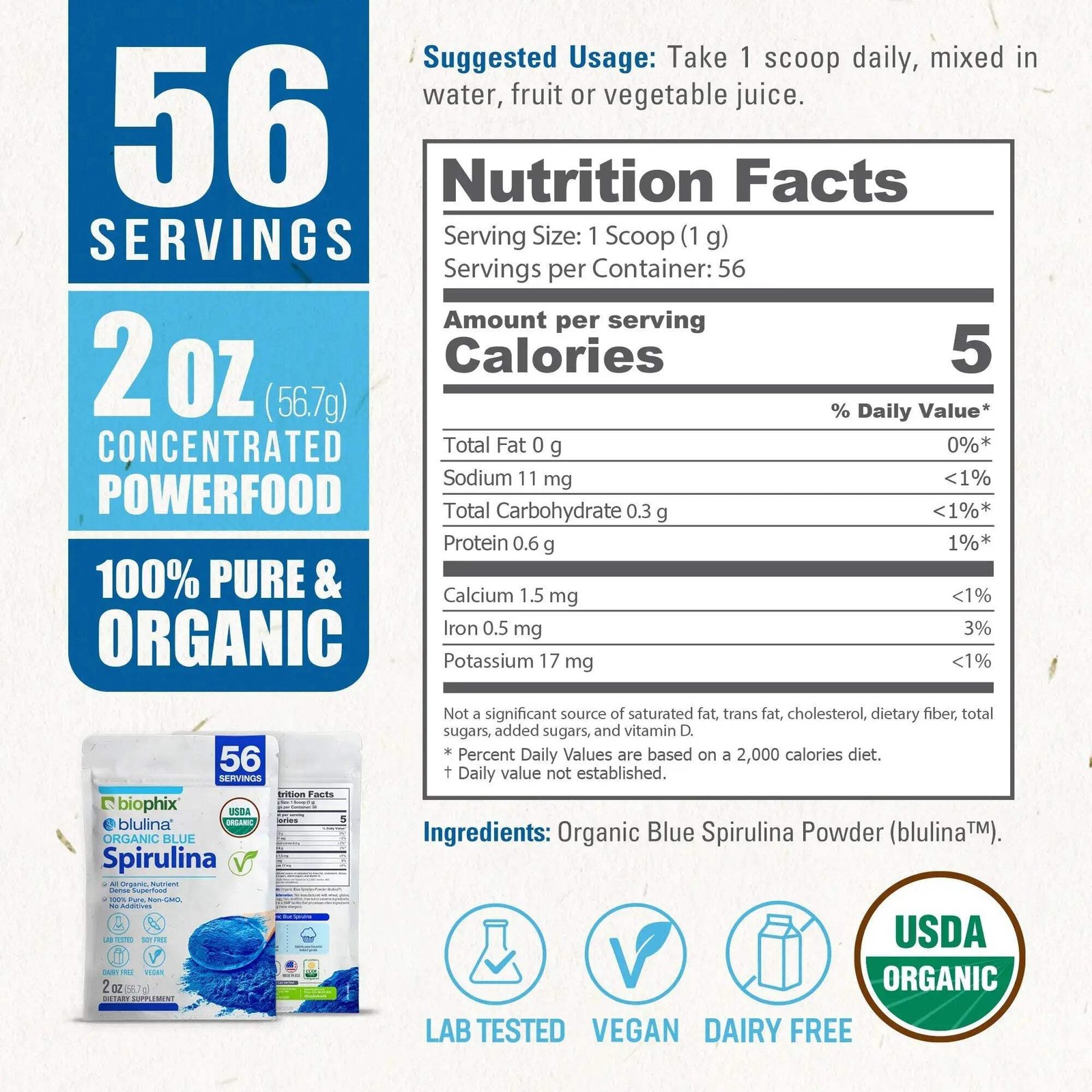 biophix Blulina Organic Blue Spirulina Powder 2 oz 7g – Detoxification Antioxida