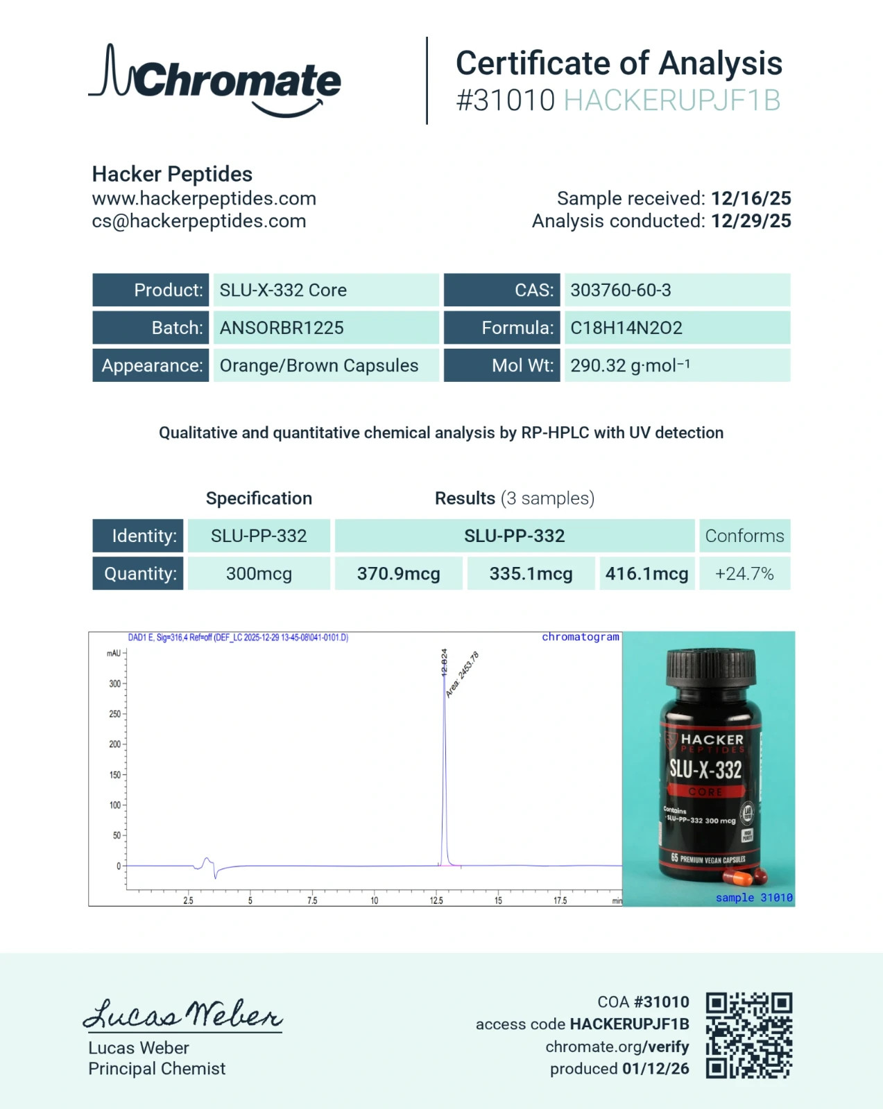 SLU-X-332 Core 300mcg | 65 Vegan Capsules | COA | Mitochondrial Research | RUO