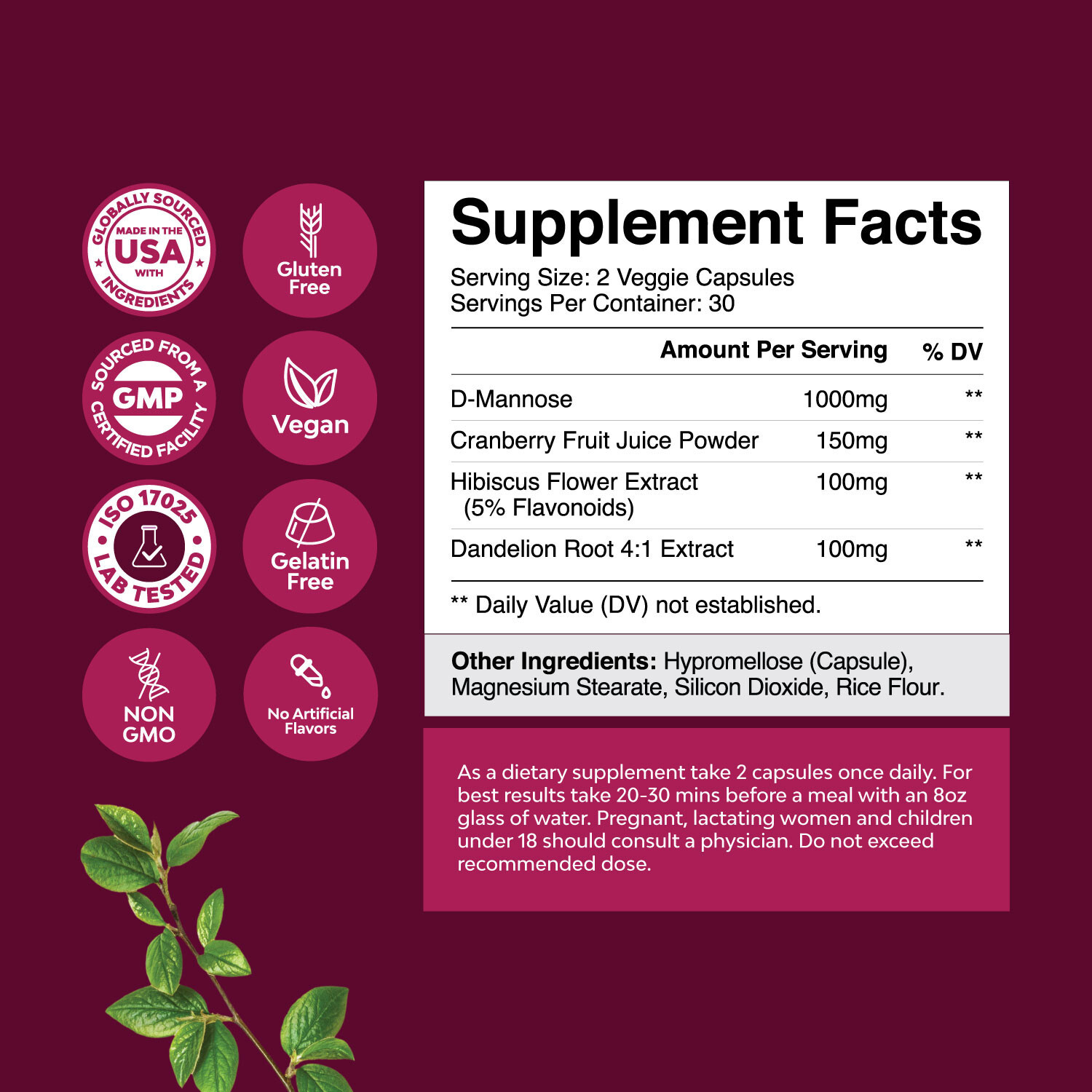 D Mannose Capsules for Urinary Tract Health – High Potency with Cranberry 60ct