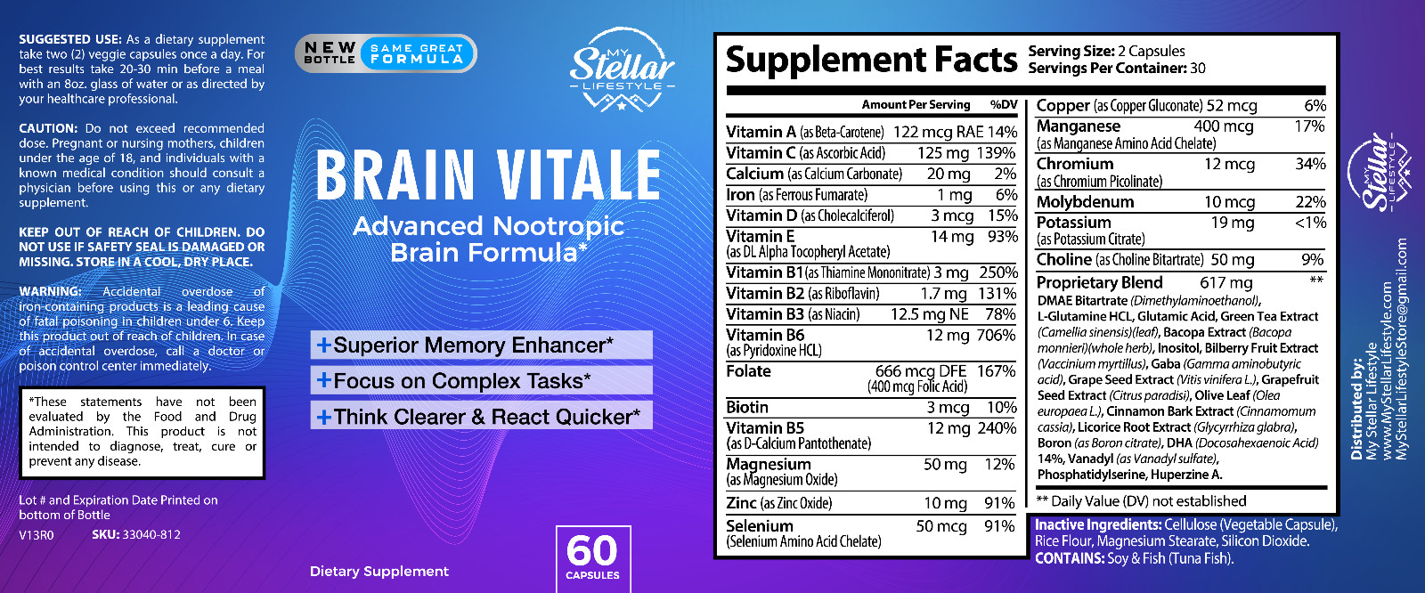 5 Pack Brain Vitale, advanced nootropic brain formula-60 Capsules x5