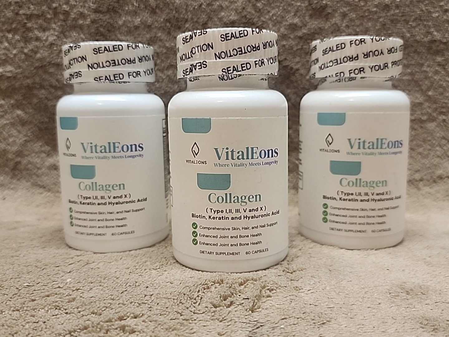 3 Bottles: VitalEons Collagen 60 Capsules Type I, II, III, V & X Exp. 06/12/2026