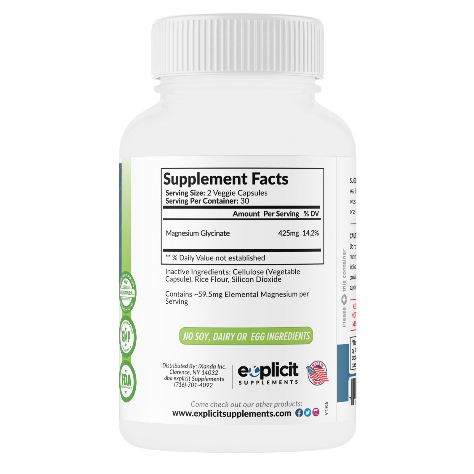 Pure Magnesium Glycinate 425mg, 100% Chelated, 60 Capsules – USA Made – 1 Month