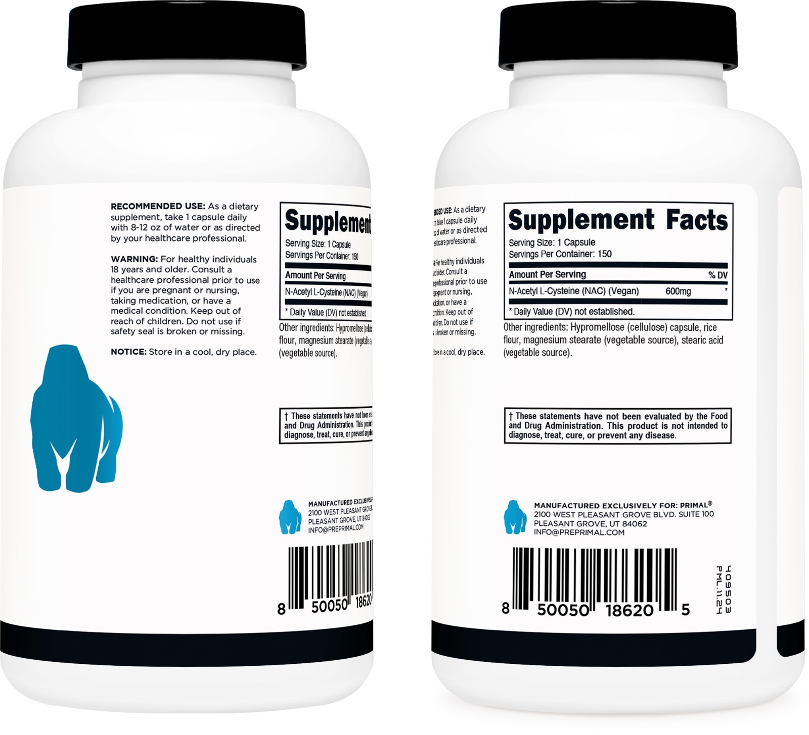Primal N-Acetyl L-Cysteine (NAC) 600mg, 150 Capsules – Vegan N-Acetyl L-Cysteine