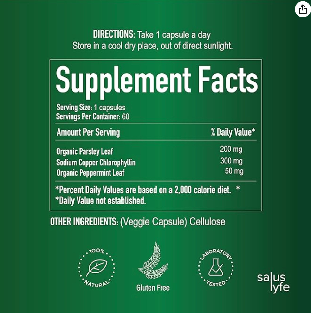 Salus Lyfe Body Deodorizing Supplement All Natural Full Body Deodorizing 60 ct