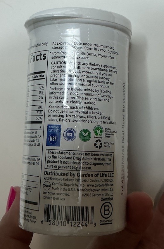Garden of Life Kids’ 5 Billion CFU Probiotics Berry Chewable Supplement 6-26 Exp