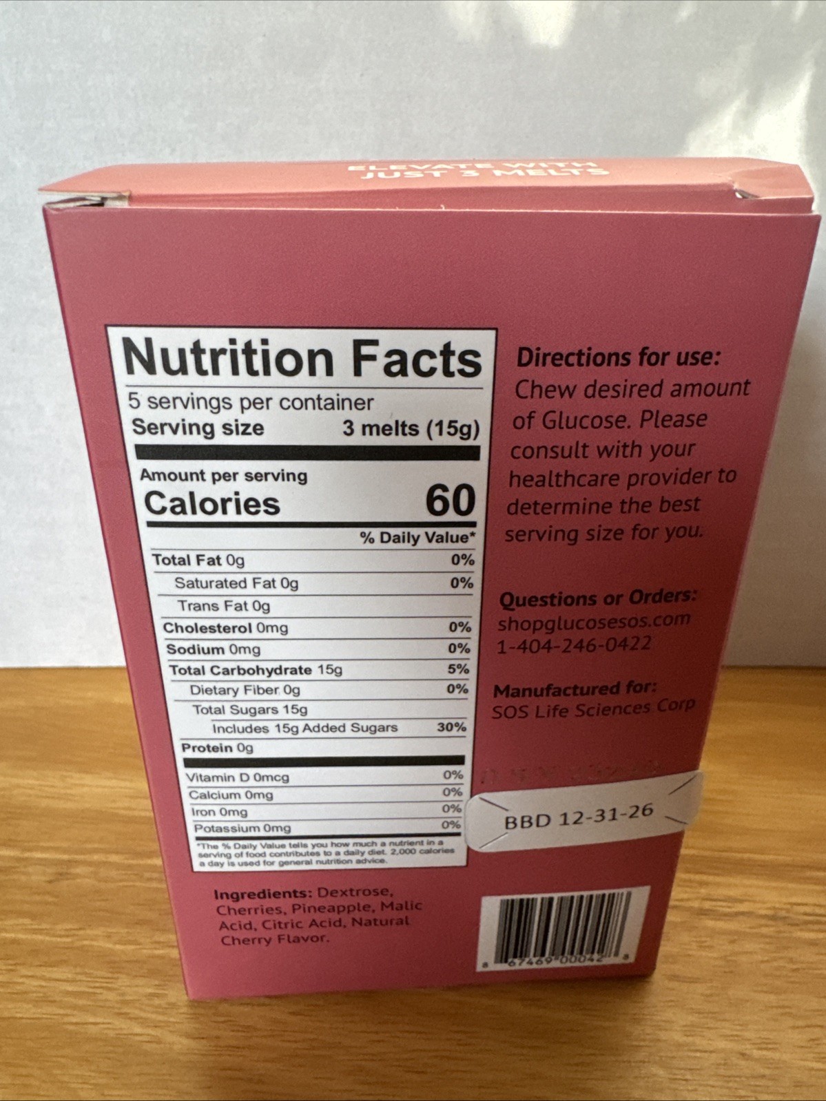 Glucose SOS Glucose Melts Cherry Pineapple Flavor 5ct Exp. 12/26