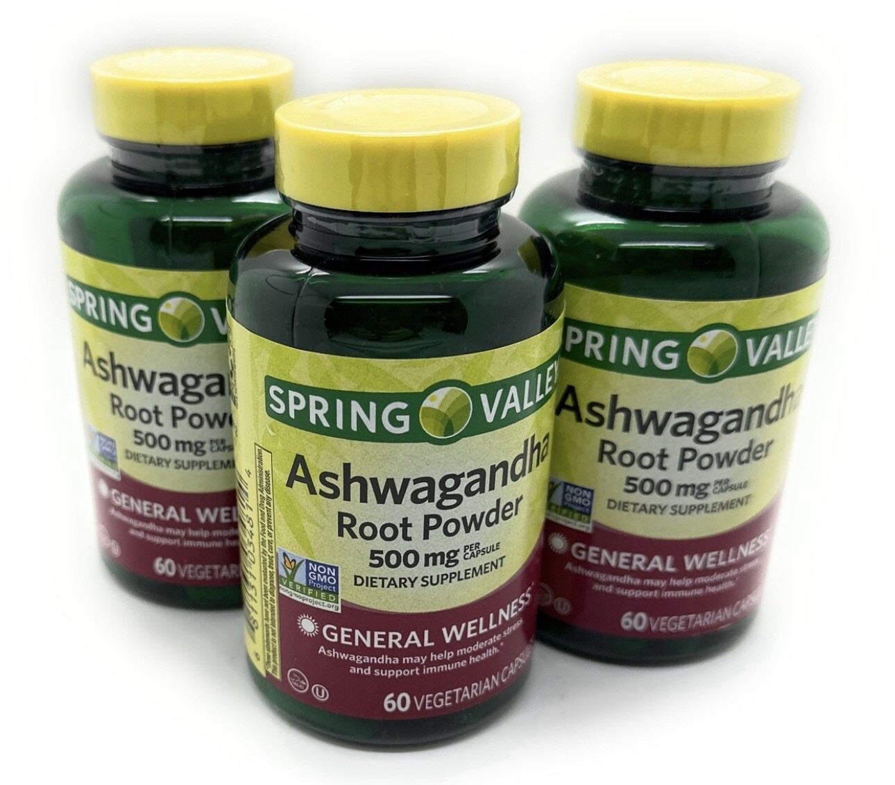3X Spring Valley Ashwagandha Root Powder 500mg 60 Caps Plus 7 Day Pill Case