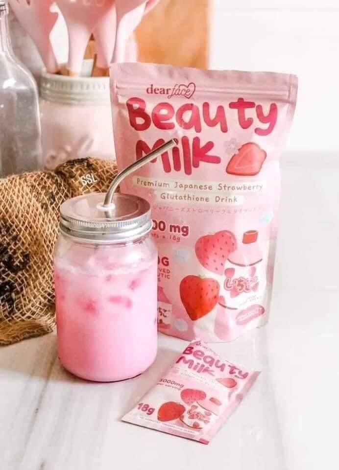Dear Face Beauty Milk Japanese STRAWBERRY Gluta Drink, 10 Sachets X 18g US