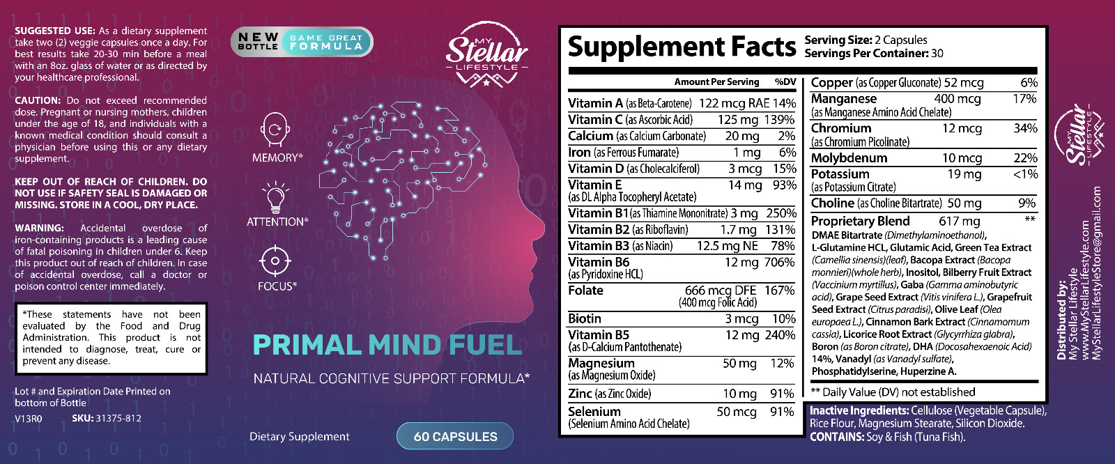 5 Pack Primal Mind Fuel, natural cognitive support helps memory-60 Capsules x5