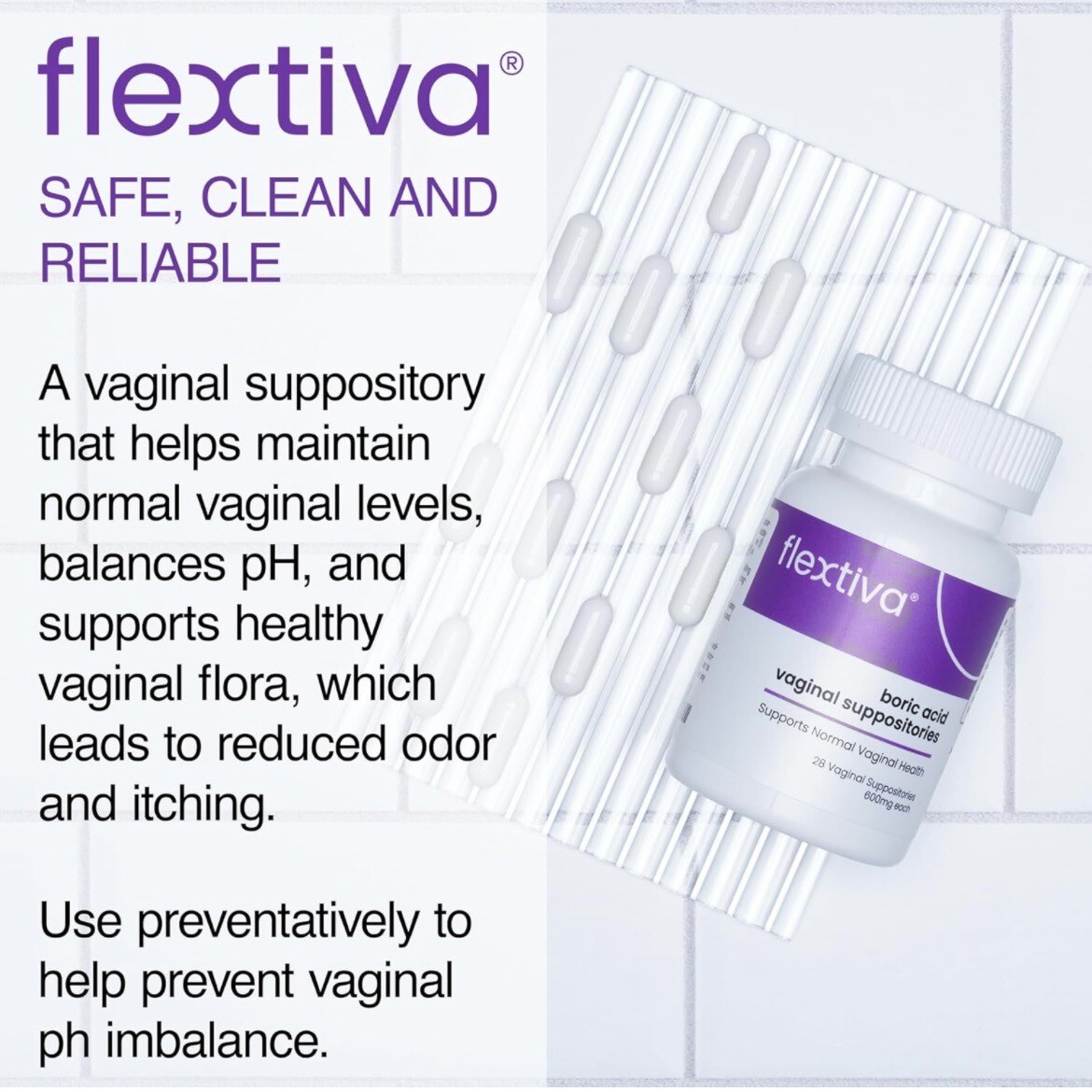 07/26 Flextiva Vaginal Suppositories Vaginal Health pH Balance for Women