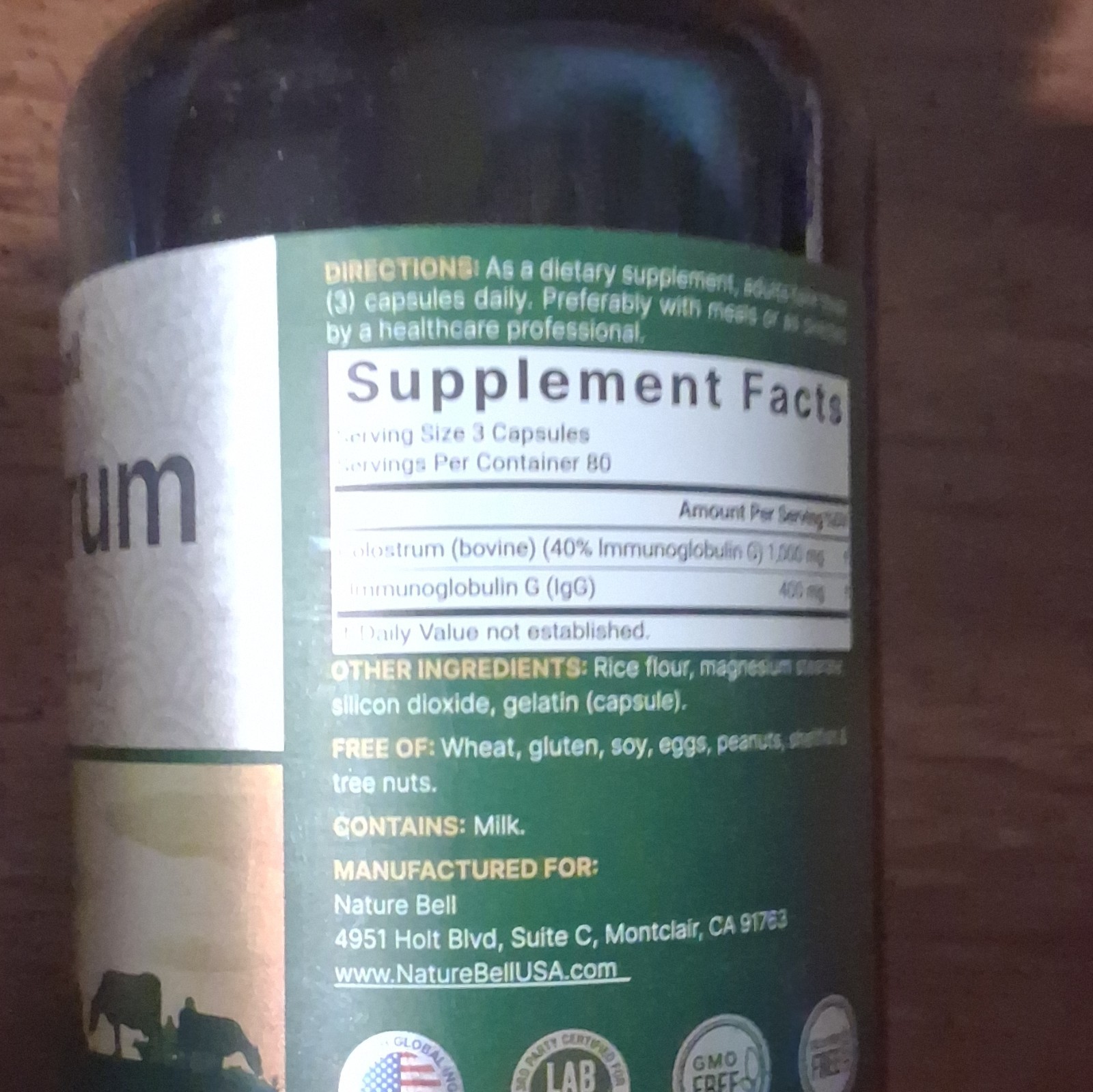 NatureBell Colostrum 1000mg Immune Support Capsules 240ct Gluten-Free GMO