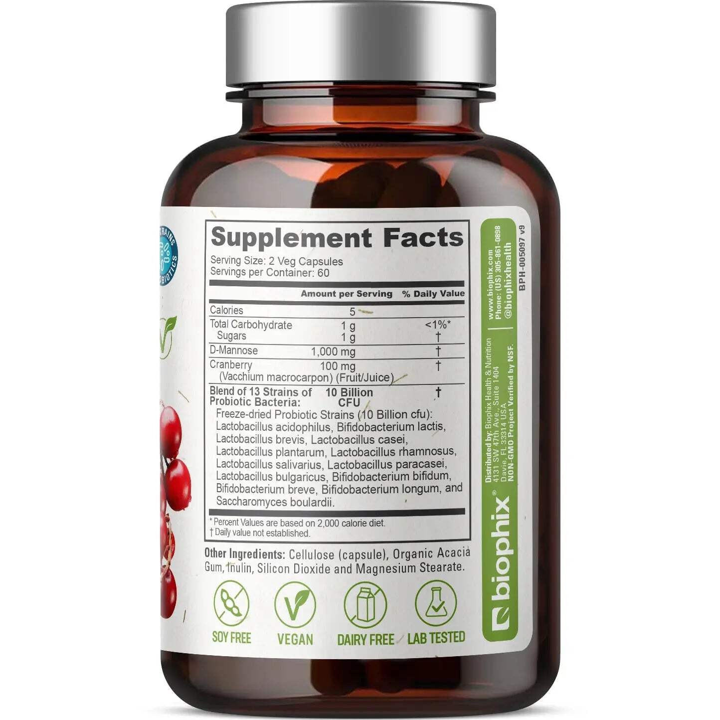 Biophix D-Mannose Plus Cranberry and Probiotics 1000 mg 120 Vegetarian Capsules