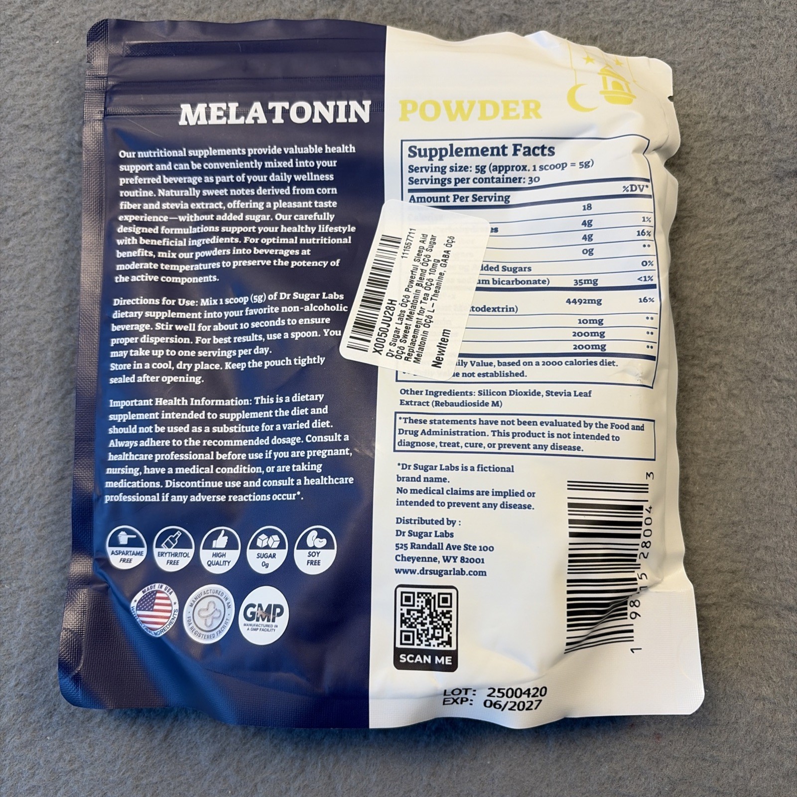 Dr Sugar Labs Melatonin L-Theanine GABA Powder 10mg Sweet Sleep Support 5.29oz