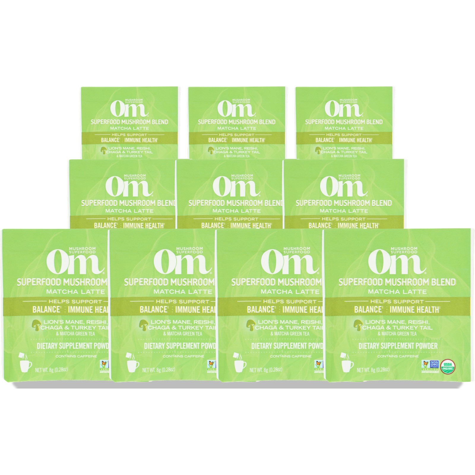 Om Matcha Latte Mushroom Supplement Powder Superfood Blend 21 Oz 10 Pack
