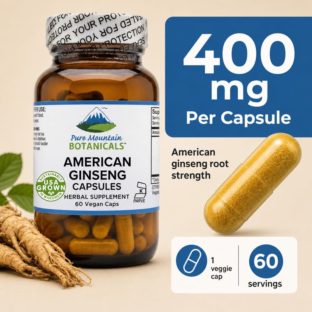Pure Mountain American Ginseng Capsules – Kosher Vegan 400mg Panax Quinquefolia