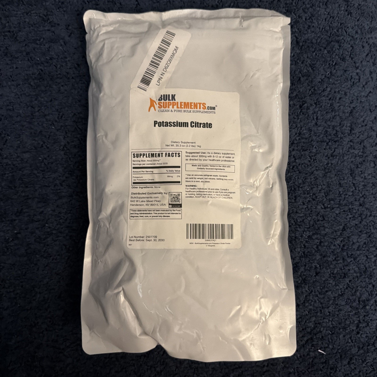 Bulk Supplements Potassium Chloride Powder, 35.3 oz, EXP. 05/2026 – NEW