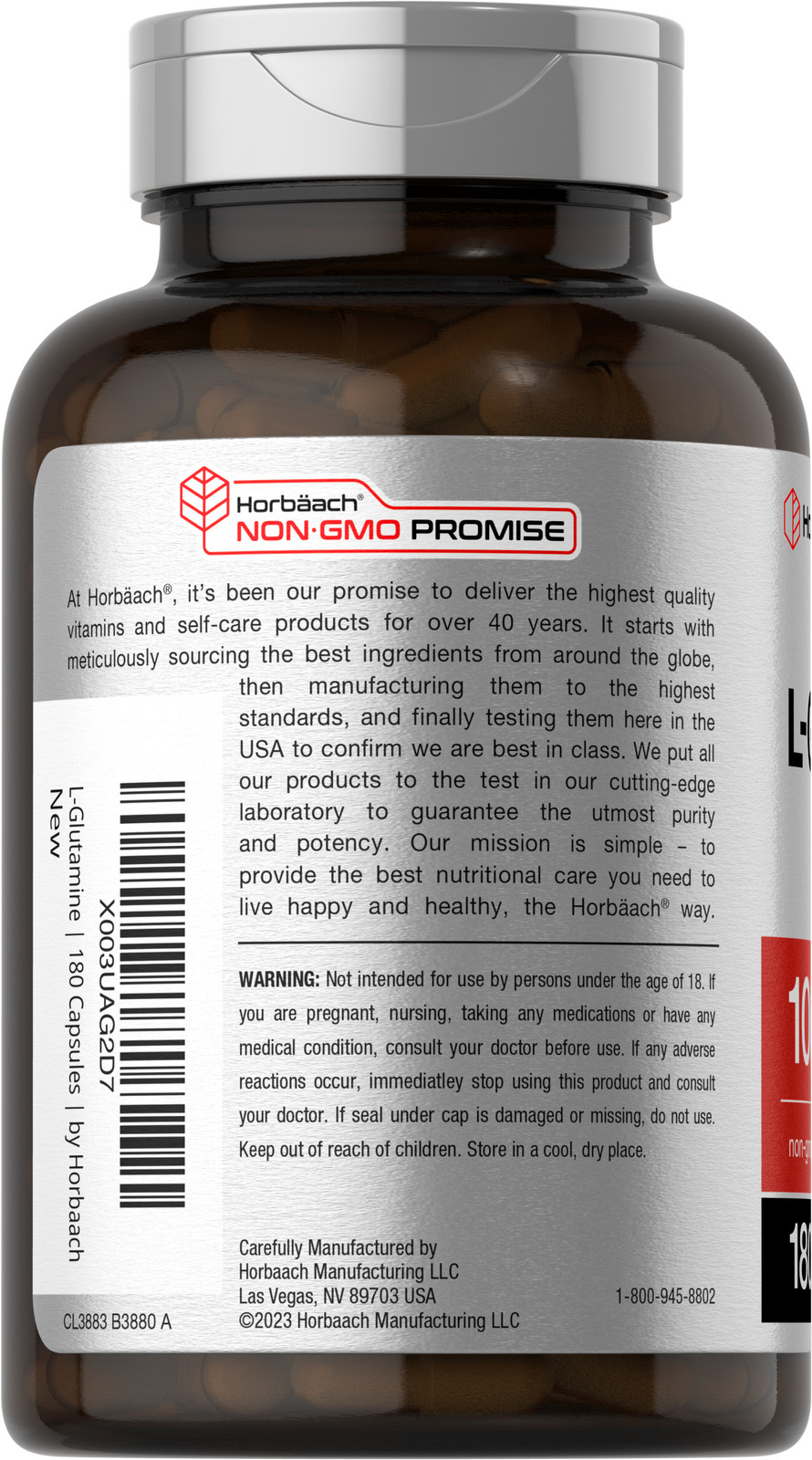 L Glutamine Capsules | 1000mg | 180 Count | Non-GMO, Gluten Free | by Horbaach