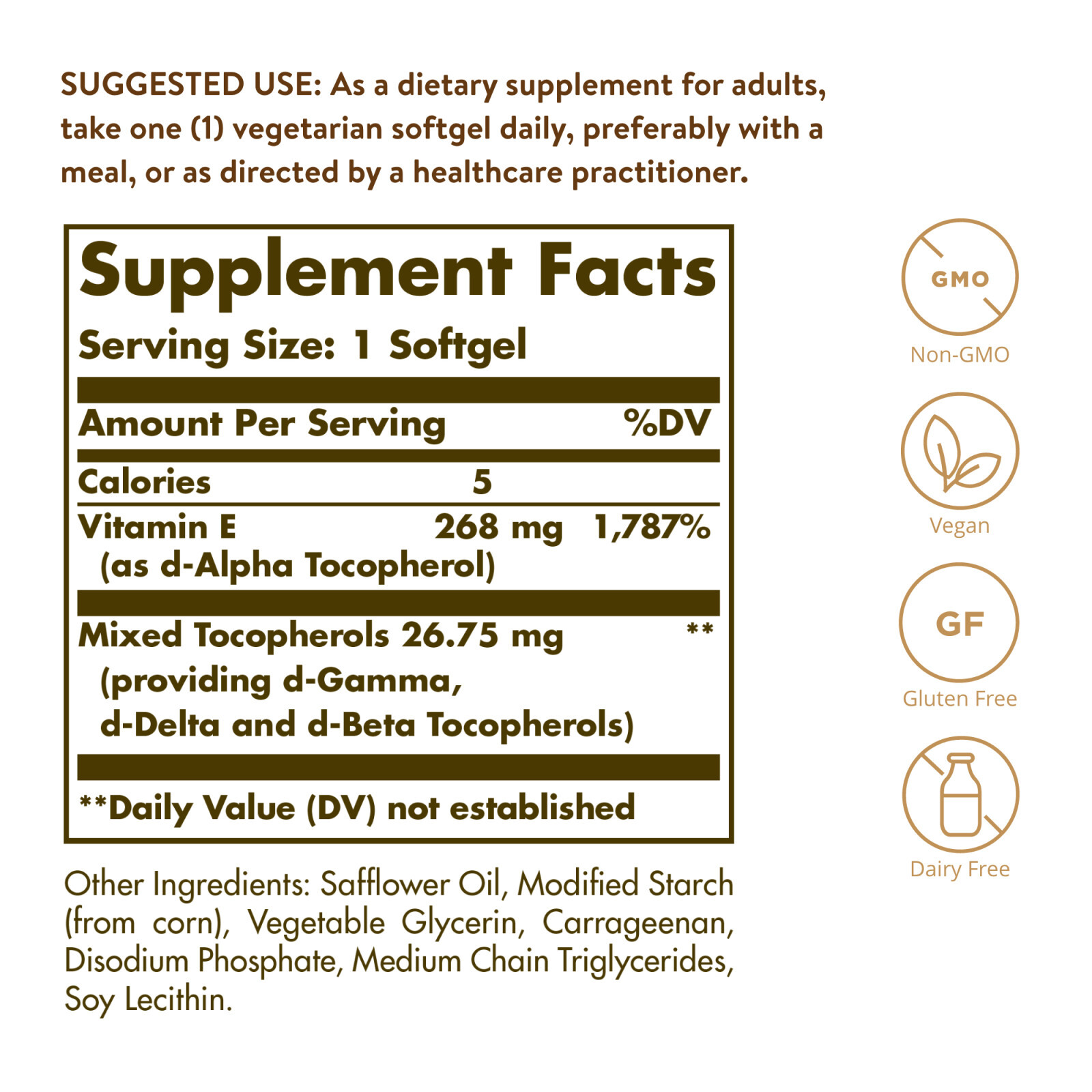Solgar Vitamin E 268 mg (400 IU) Vegan (d-Alpha Tocopherol & Mixed Tocopherols)