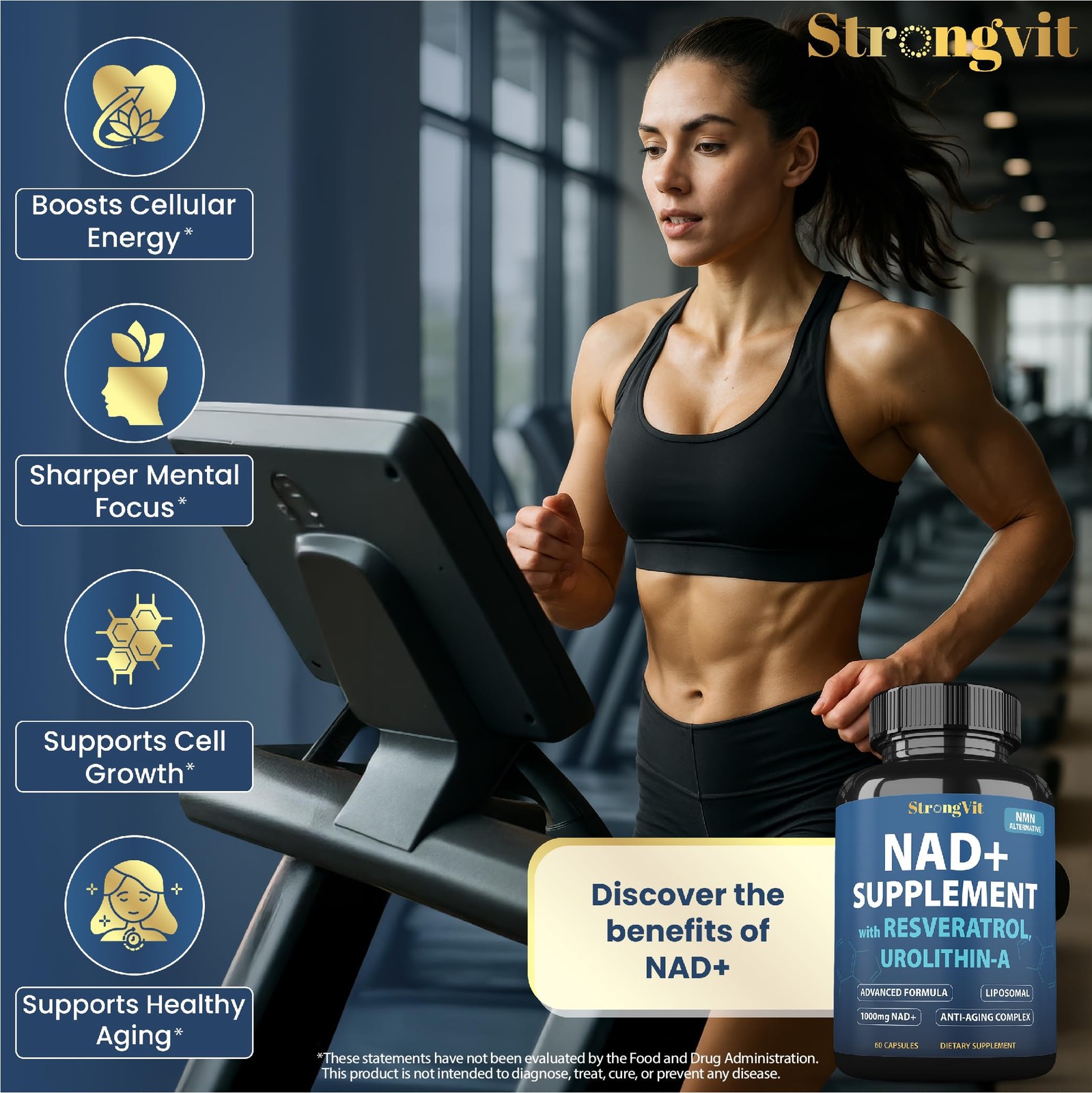 StrongVit NAD Supplement with Resveratrol & Urolithin-A, 60 Count (Pack of 1)