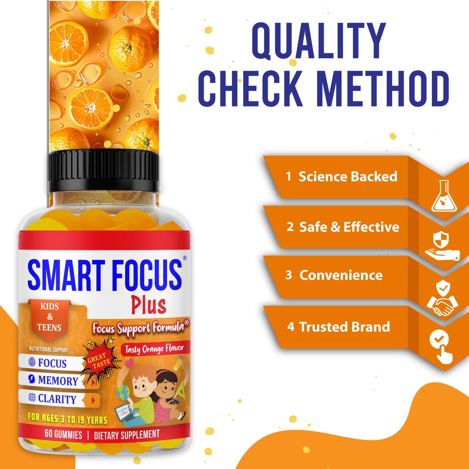 Smart Focus Gummy for Kids & Teens with DHA Omega 3 Brain & Memory Vitamins-60ct