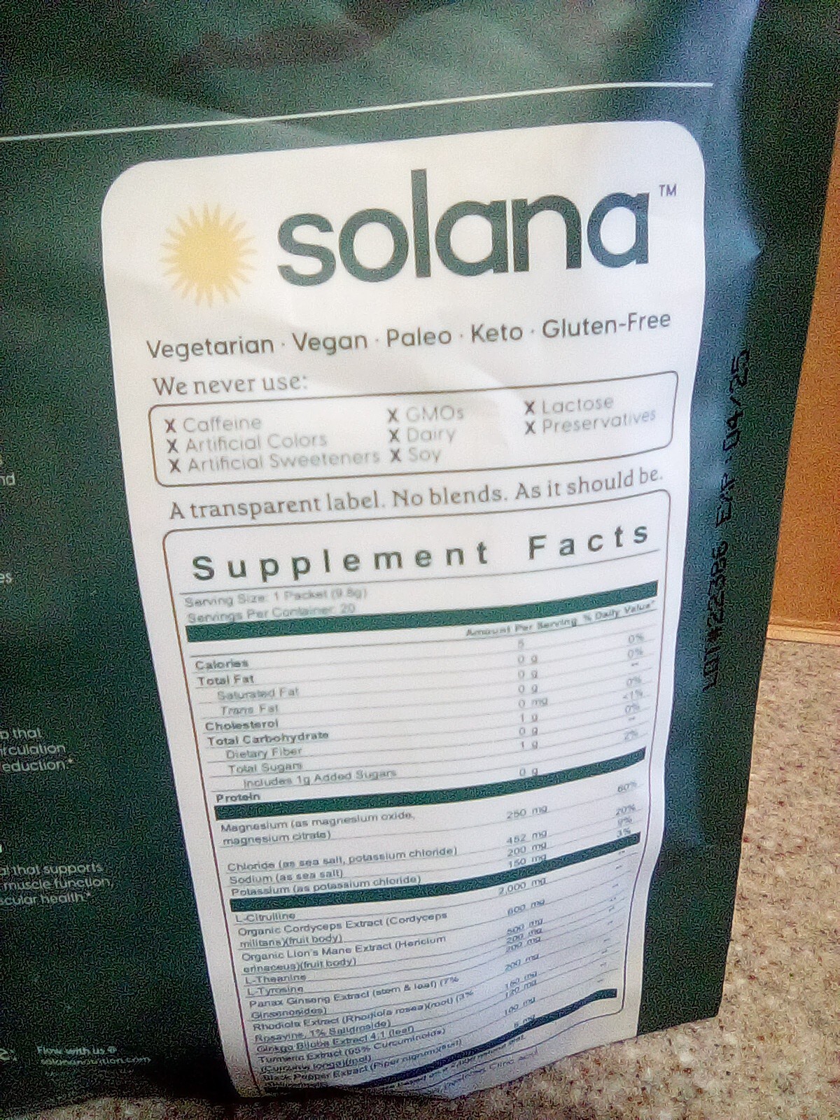 Solana Pre Yoga Dietary Supplement Honey Lemon 20 Sticks Plant Powered Ex 04/25