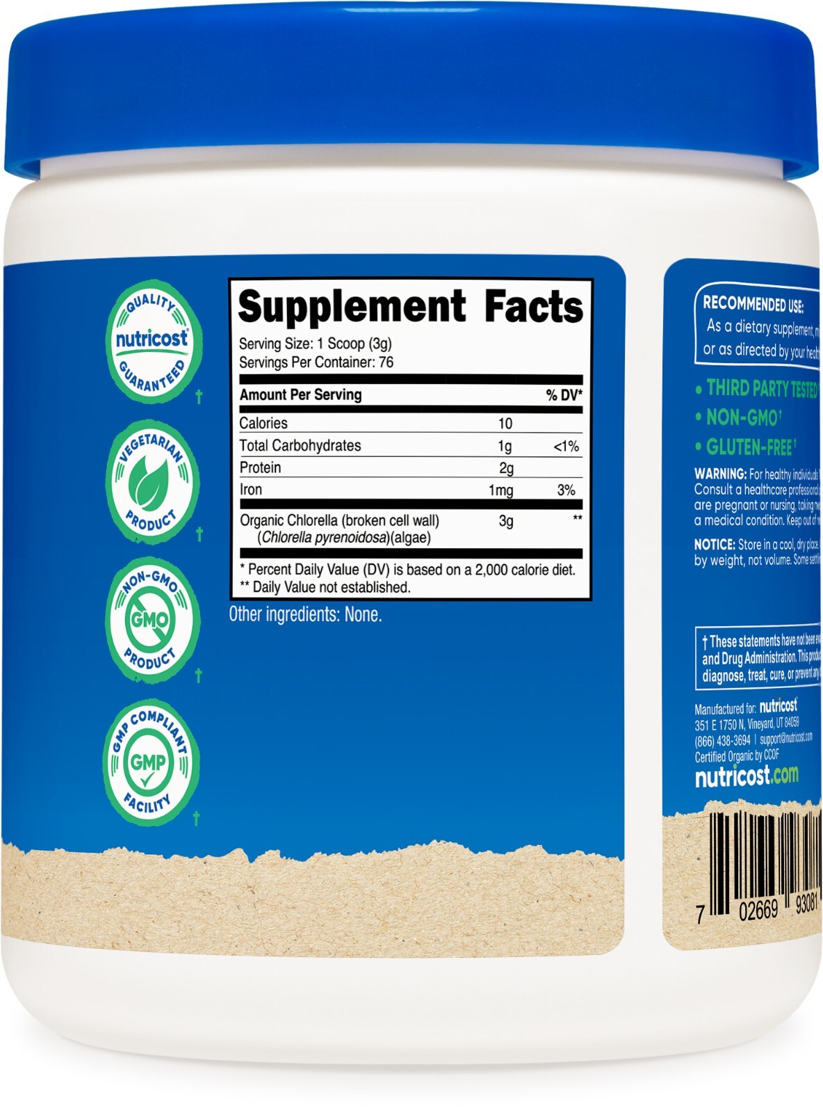 Nutricost Pure Organic Chlorella Powder 8 oz – 76 Servings Nutrients & Fiber!