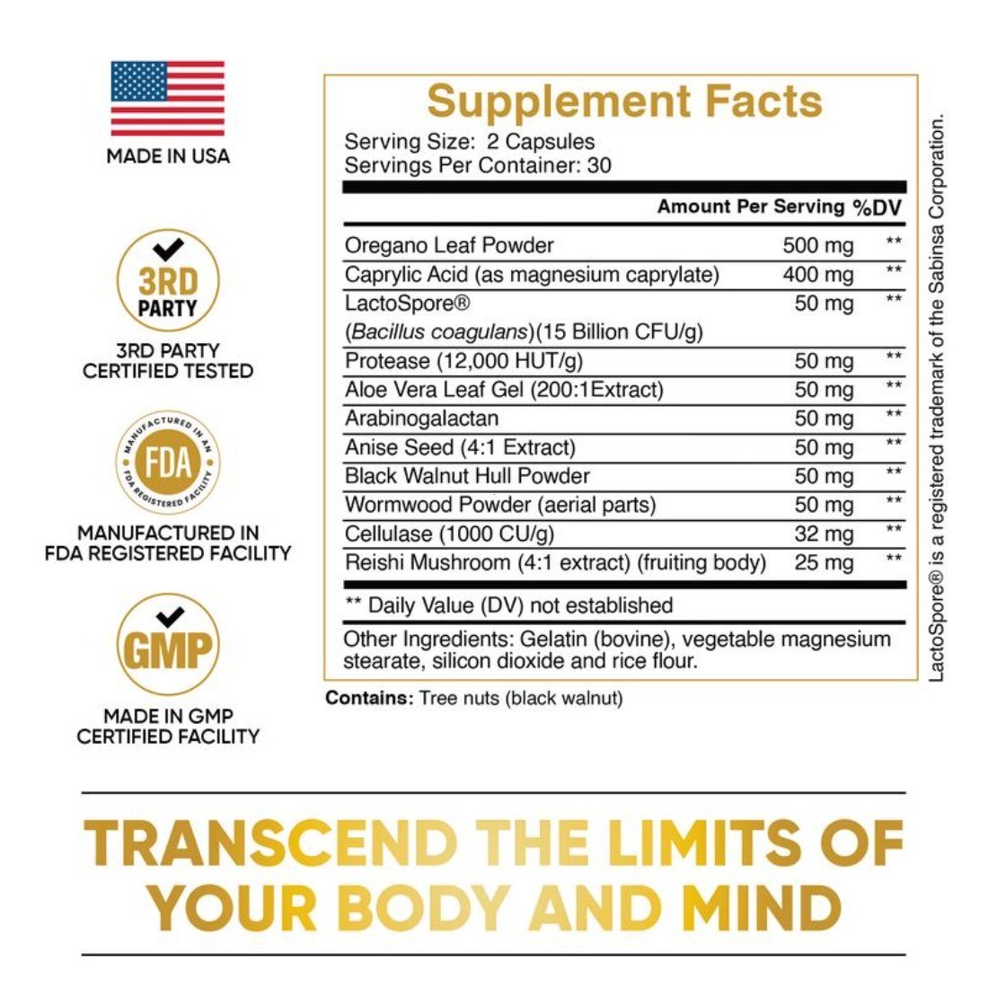 Candida Cleanse Gut Support Oregano Black Walnut Wormwood Probiotic 60 Caps