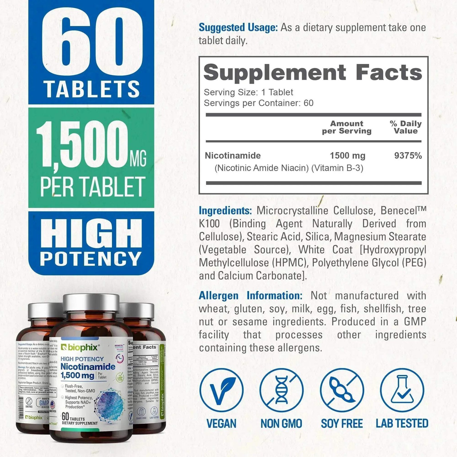 Biophix Nicotinamide Vitamin B-3 Flush Free 1500 mg 60 Sustained Release Tablets