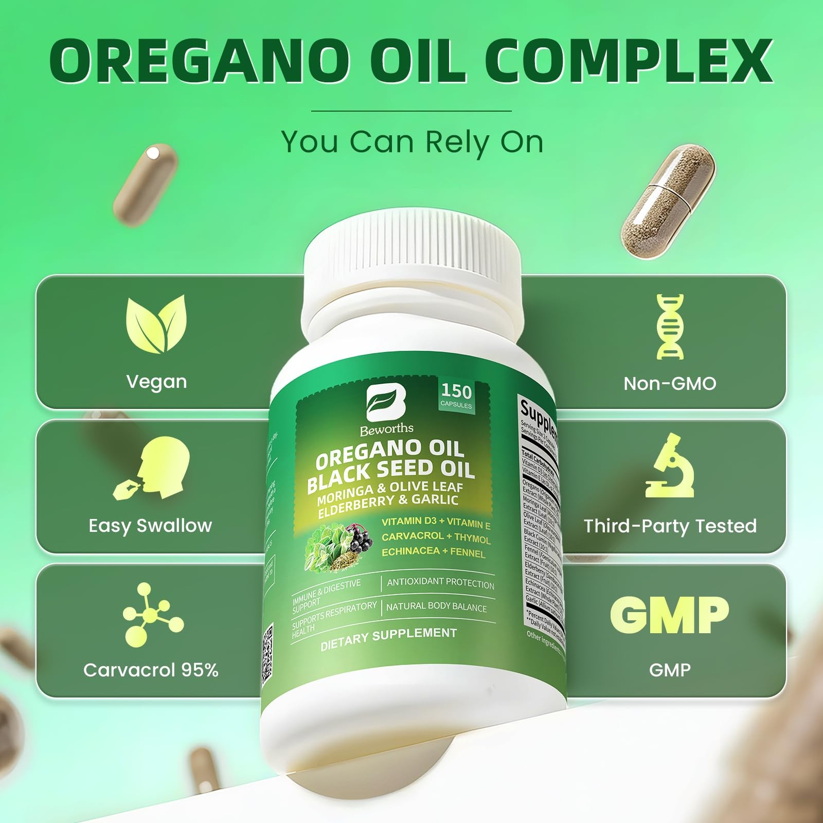 2PCS Oil of Oregano with Black Seed Oil – Oregano Oil Capsules Organic | Moringa