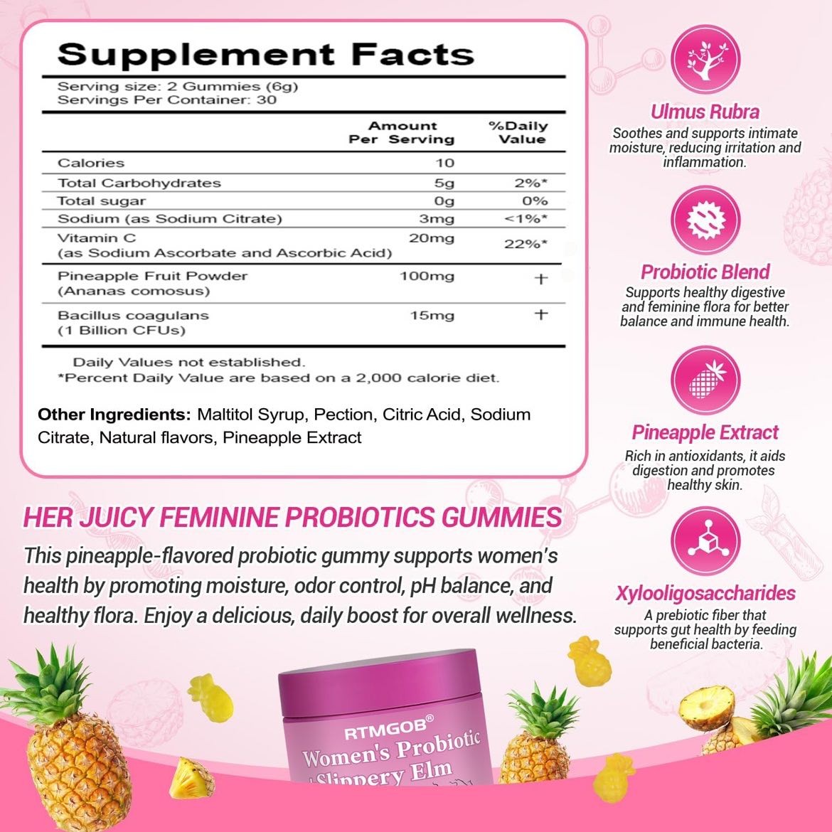 1/2/3 Probiotics Gummies for Women Tropical Pineapple Flavor Supports PH Balance