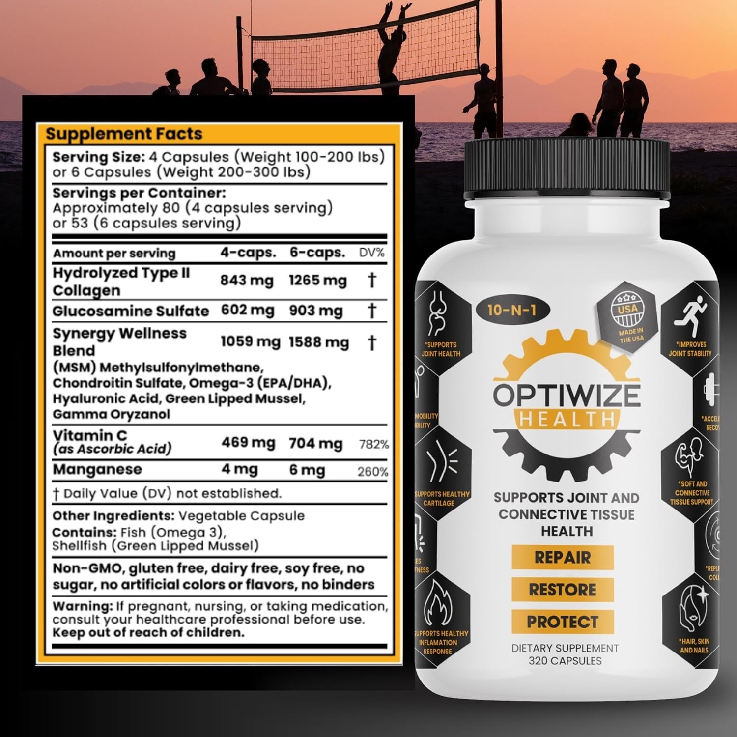 OptiWize 10-N-1 Joint Support 320 Count (Pack of 1), White, Yellow, & Black
