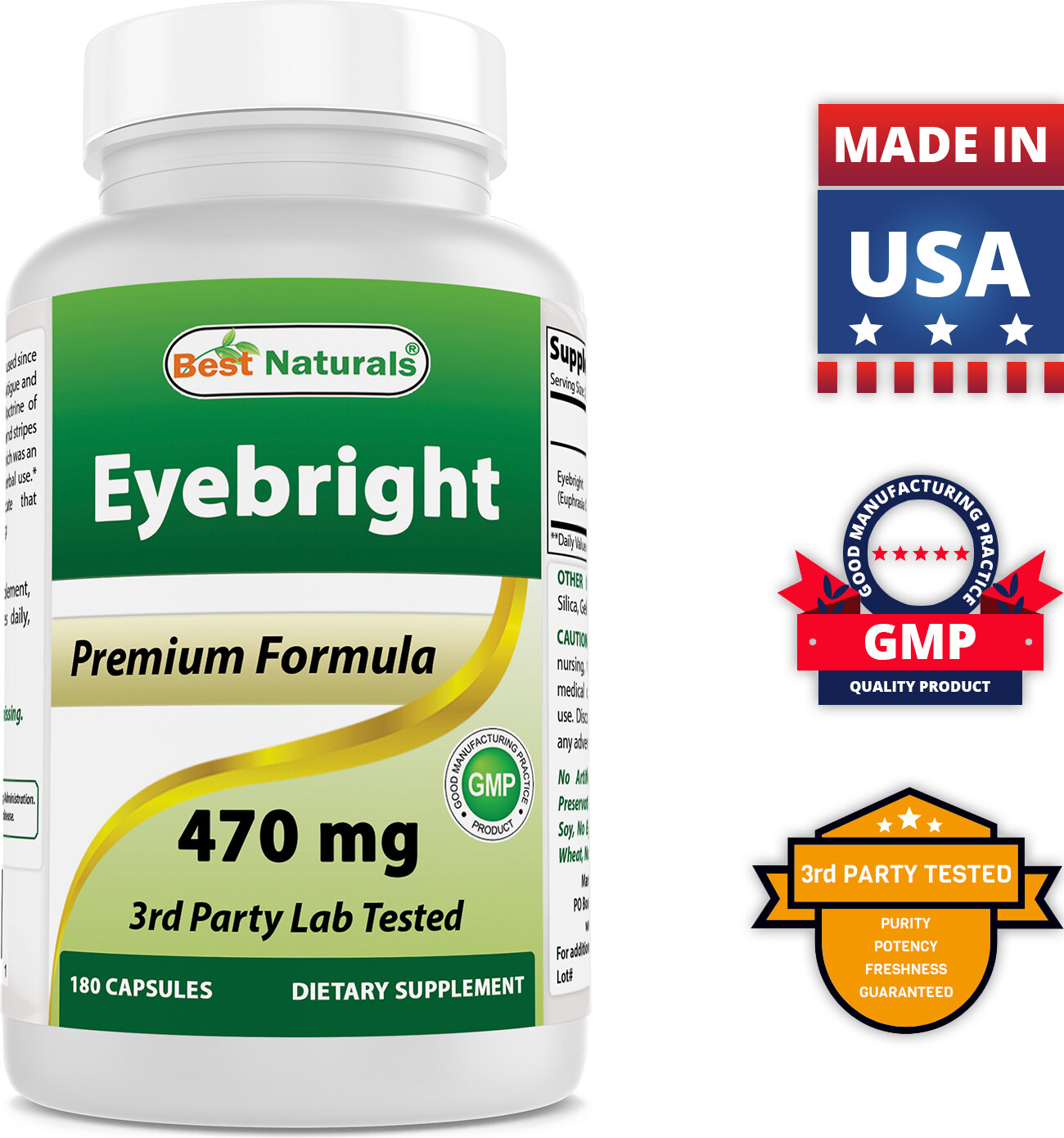 3 Pack Best Naturals Eyebright 470 mg 180 Capsules