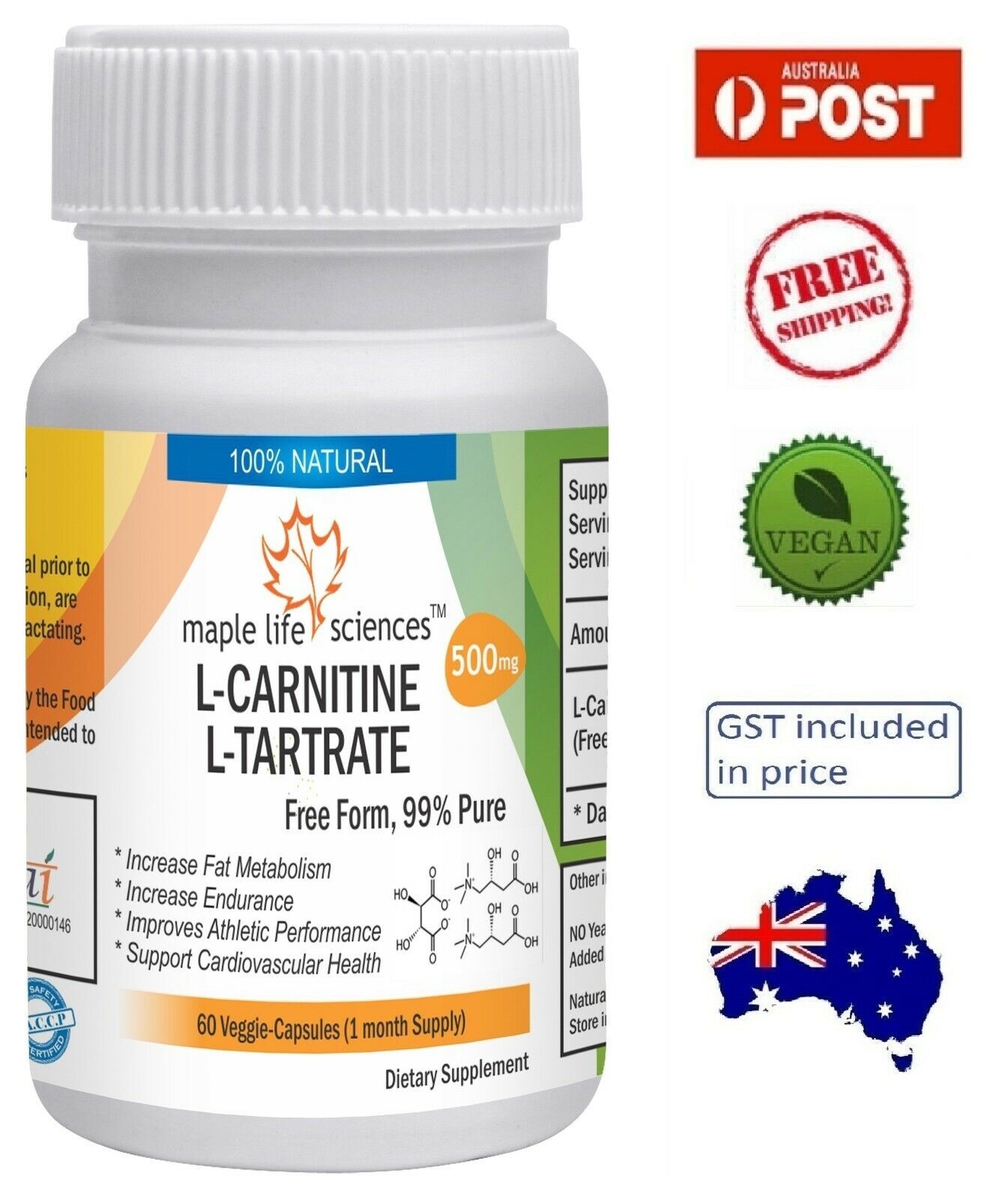 L-Carnitine L-Tartrate Capsules (Free Form, 99% Pure) – 500mg – AU Stock